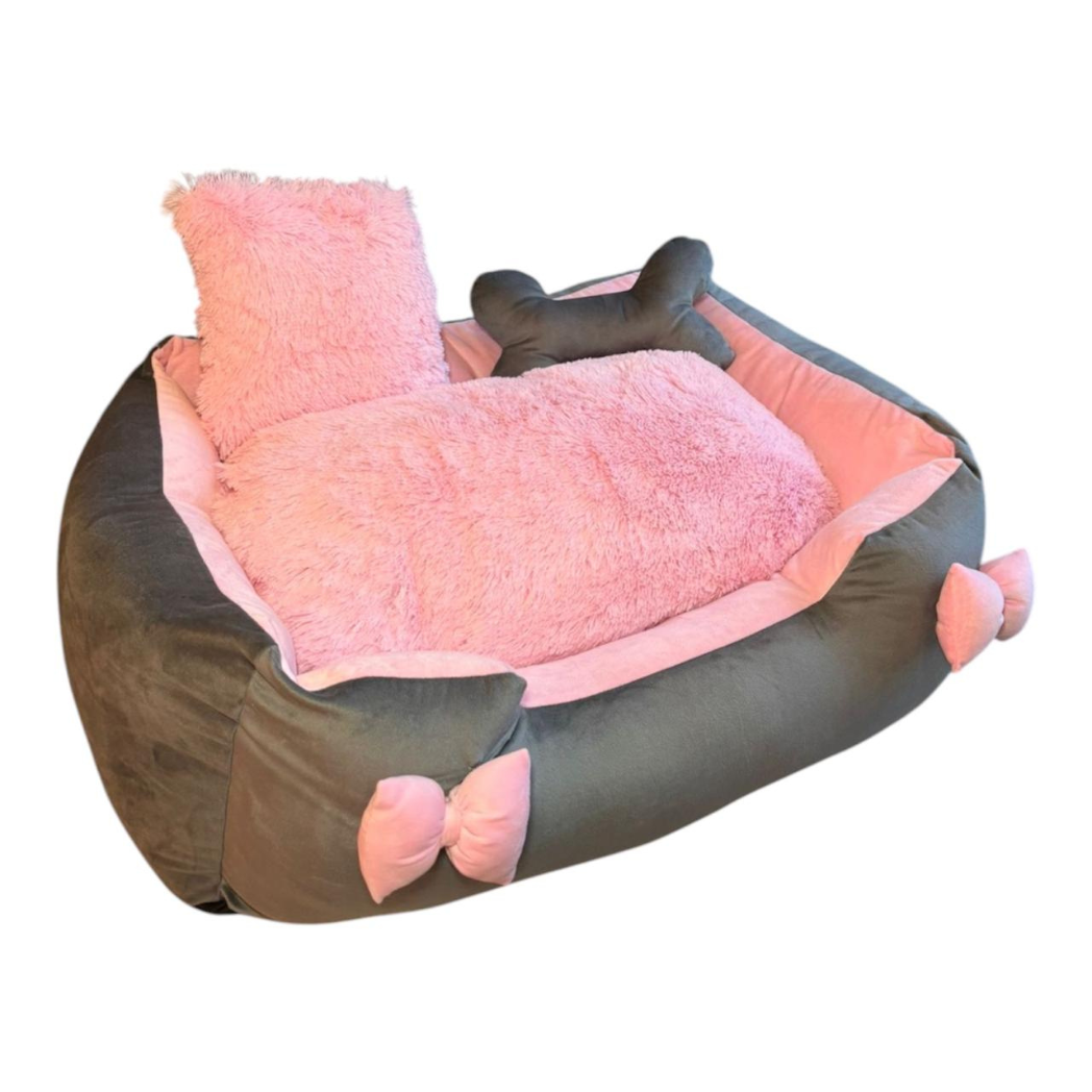 Cama Premium Cuadrada Para Mascotas Con Moño Gris-Rosa