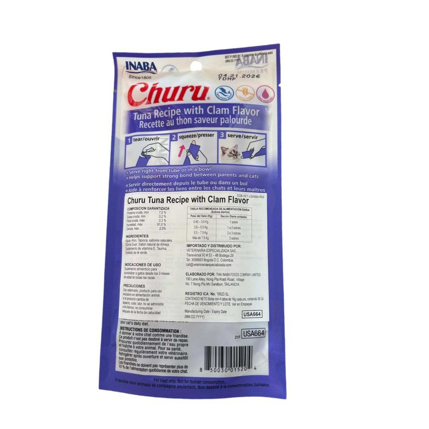 Snack para Gato Churu Sabor Atún Y Almejas (tuna Recipe With Clam Flavor) X 4 Unidades
