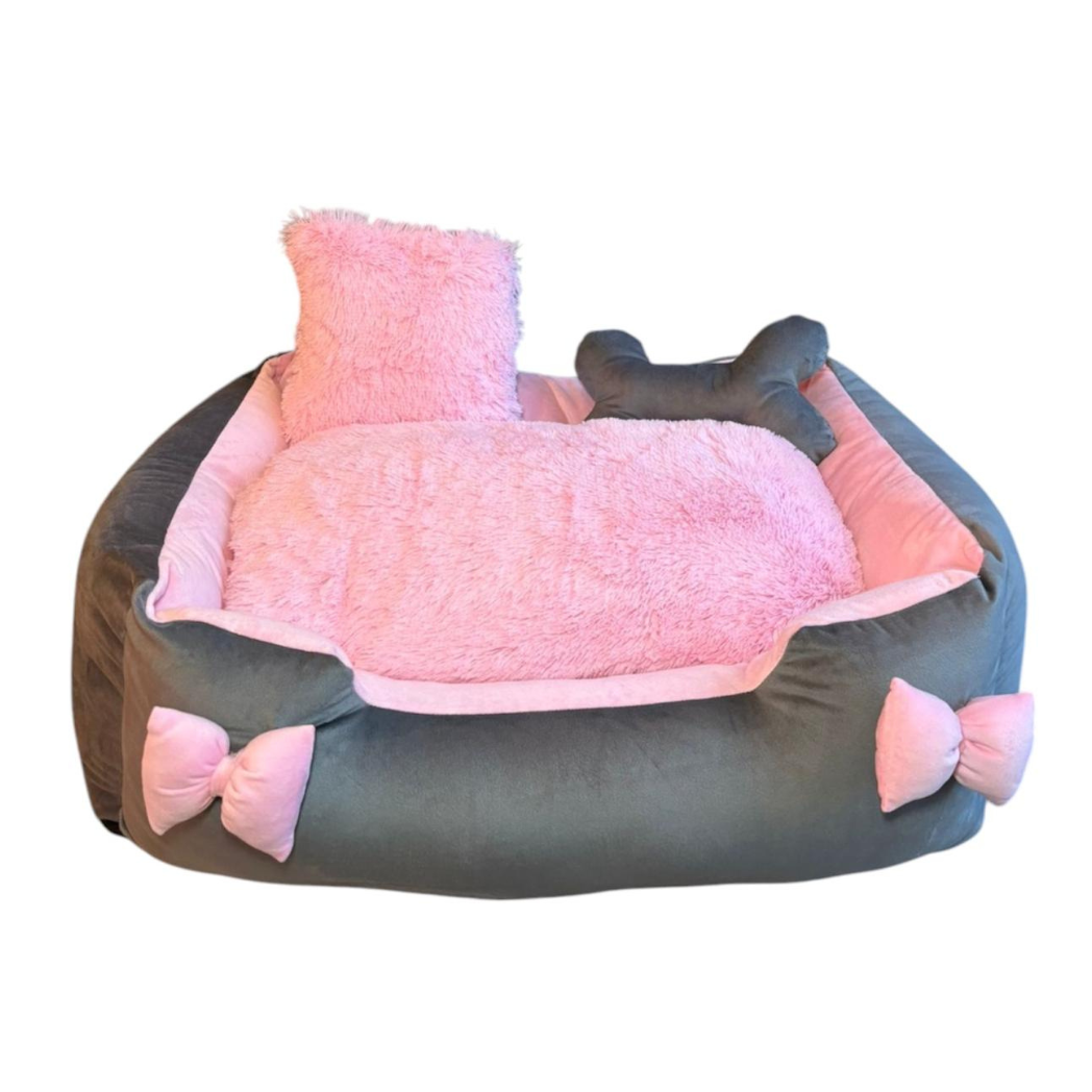 Cama Premium Cuadrada Para Mascotas Con Moño Gris-Rosa