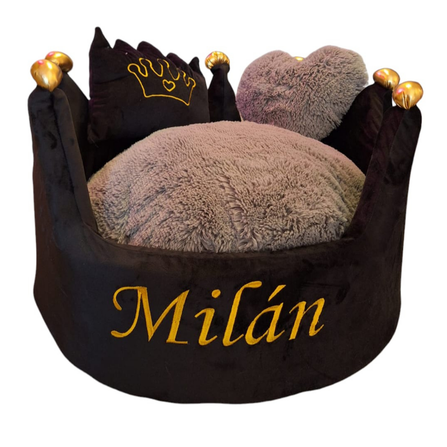 Cama Personalizada Corona Para Mascota Negra-Gris
