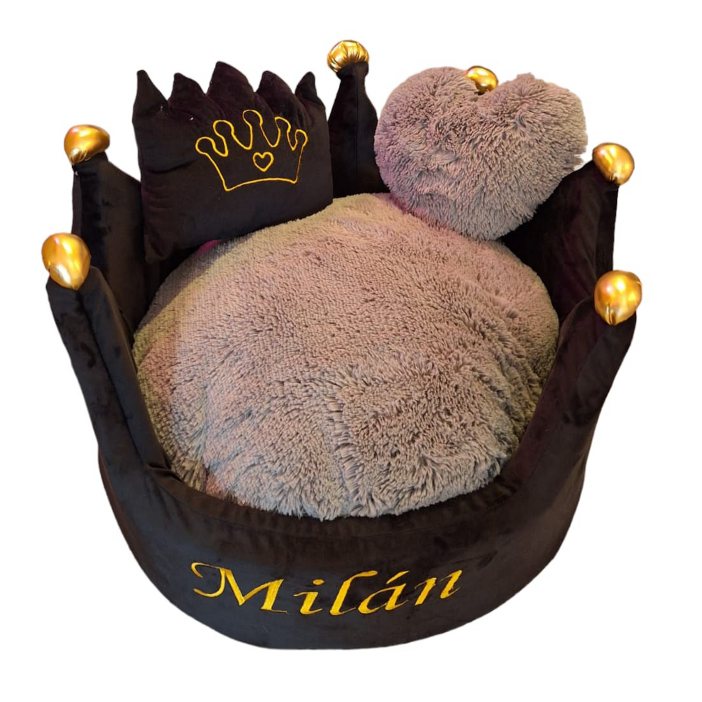 Cama Personalizada Corona Para Mascota Negra-Gris