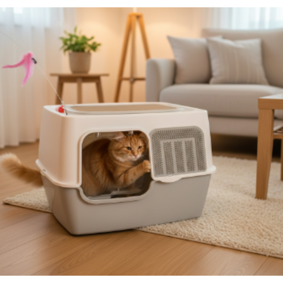 Arenero Cubierto Grande Para Gatos Con Juegos Y Rascadores 58x42x40 Cm Gris