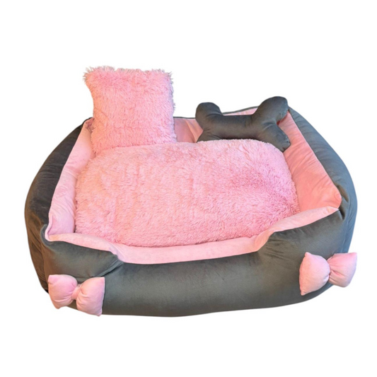 Cama Premium Cuadrada Para Mascotas Con Moño Gris-Rosa