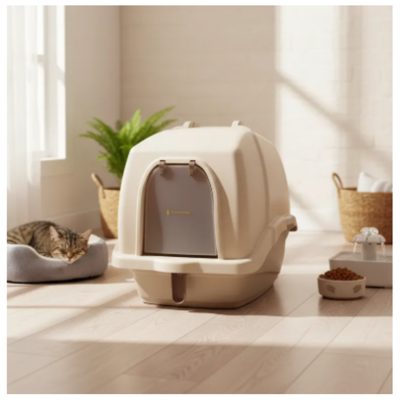 Arenero Cubierto De Lujo Para Gatos Con Puerta Y Filtro Tamaño Grande Beige