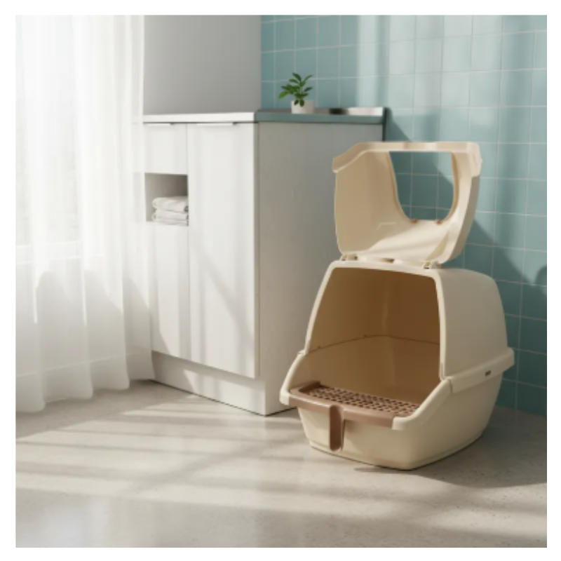 Arenero Cubierto De Lujo Para Gatos Con Puerta Y Filtro Tamaño Grande Beige