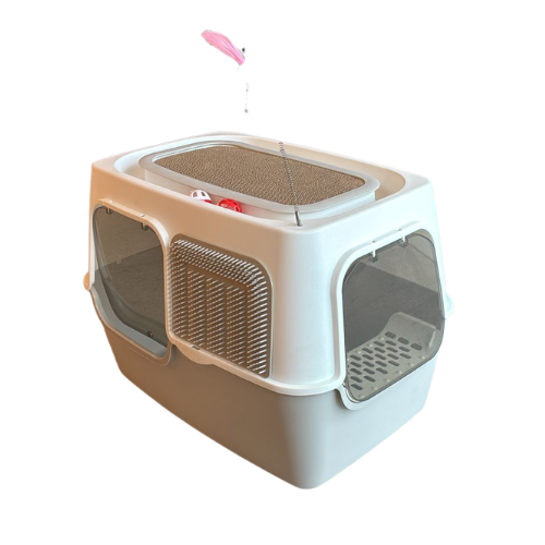 Arenero Cubierto Grande Para Gatos Con Juegos Y Rascadores 58x42x40 Cm Gris