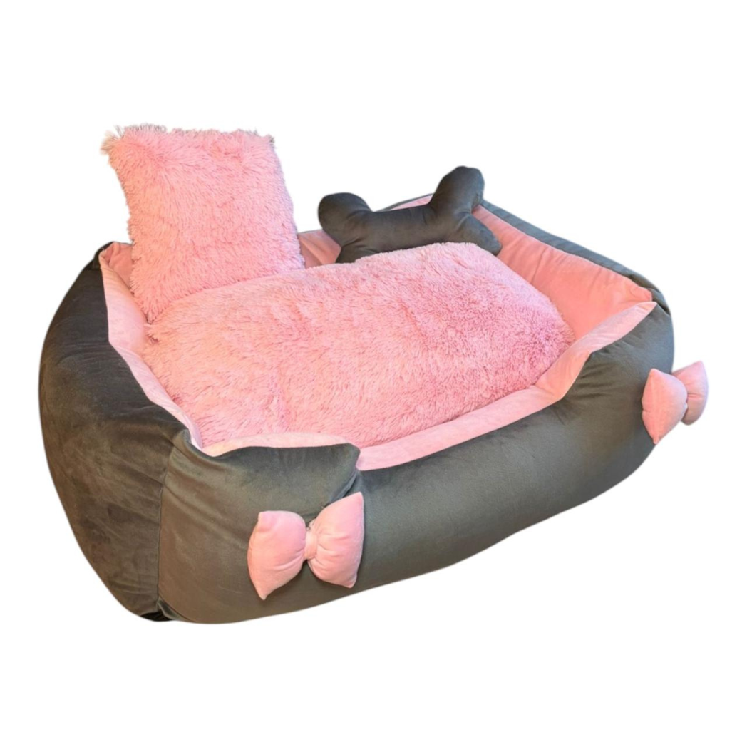 Cama Premium Cuadrada Para Mascotas Con Moño Gris-Rosa