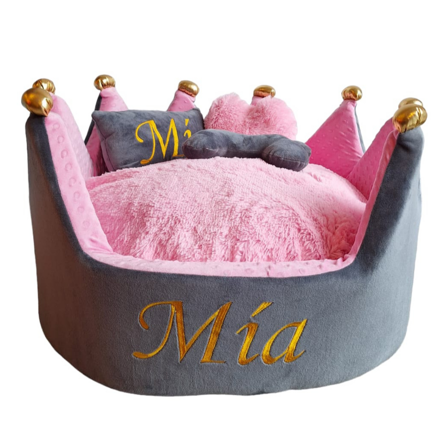 Cama Personalizada Corona Para Mascota Gris-Rosada