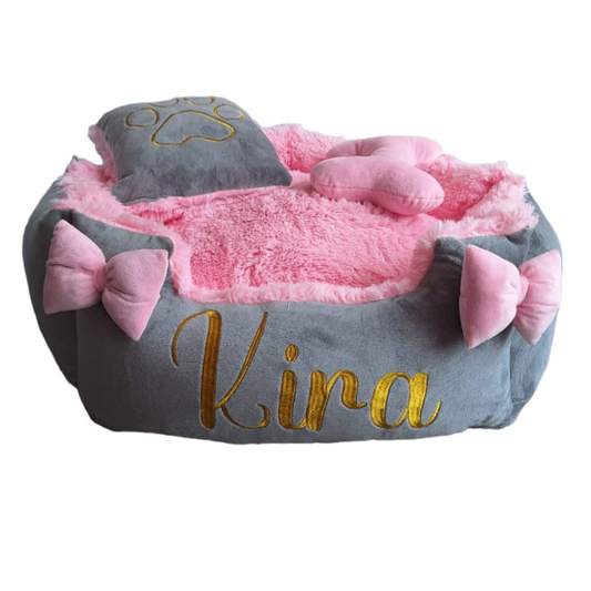 Cama Personalizada Premium Para Mascota Gris-Rosada