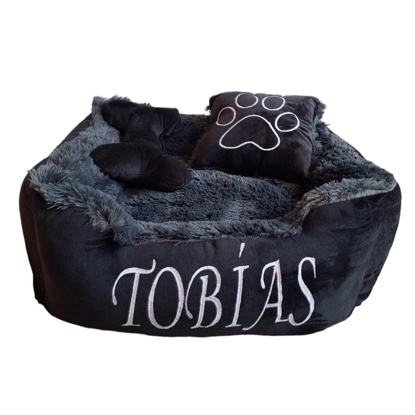 Cama Personalizada Premium Para Mascota Negra-Gris